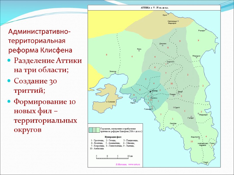 Административно-территориальная реформа Клисфена Разделение Аттики на три области; Создание 30 триттий; Формирование 10 новых
